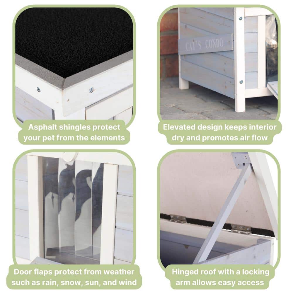 Gray and White Wooden Cat Condo with Hinged Roof