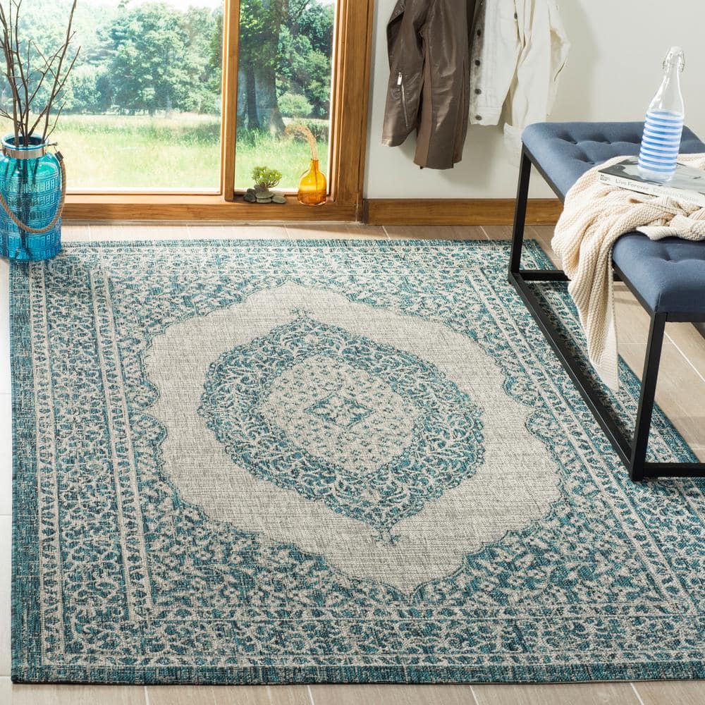 Light Gray and Teal 9' x 12' Easy-Care Synthetic Area Rug