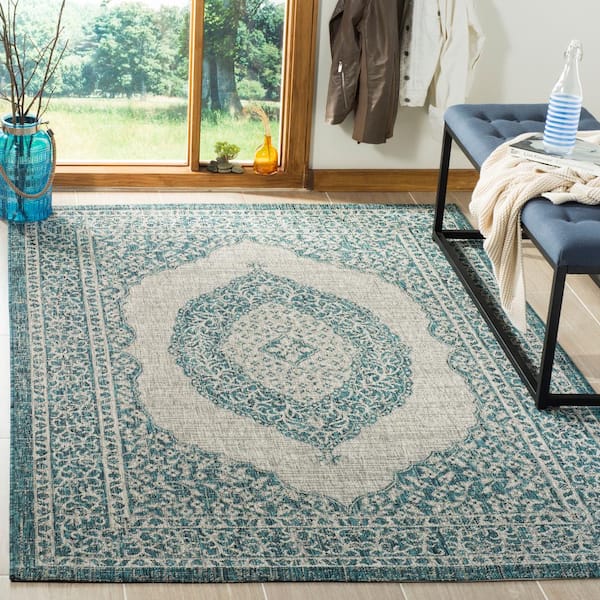 Courtyard Light Gray/Teal 9 ft. x 12 ft. Border Indoor/Outdoor Patio  Area Rug