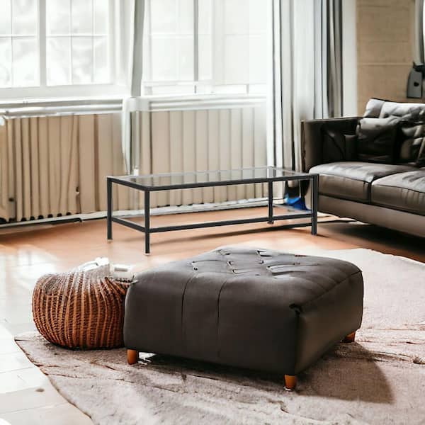 HomeRoots 54 in. Black Rectangle Glass Coffee Table with Shelves Storage