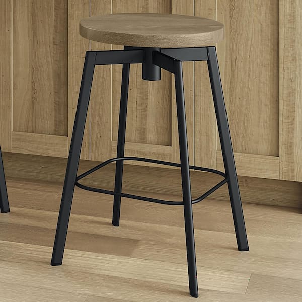 Amisco Dimitri 26 in. Swivel Counter Stool - Beige Wood/Black Metal