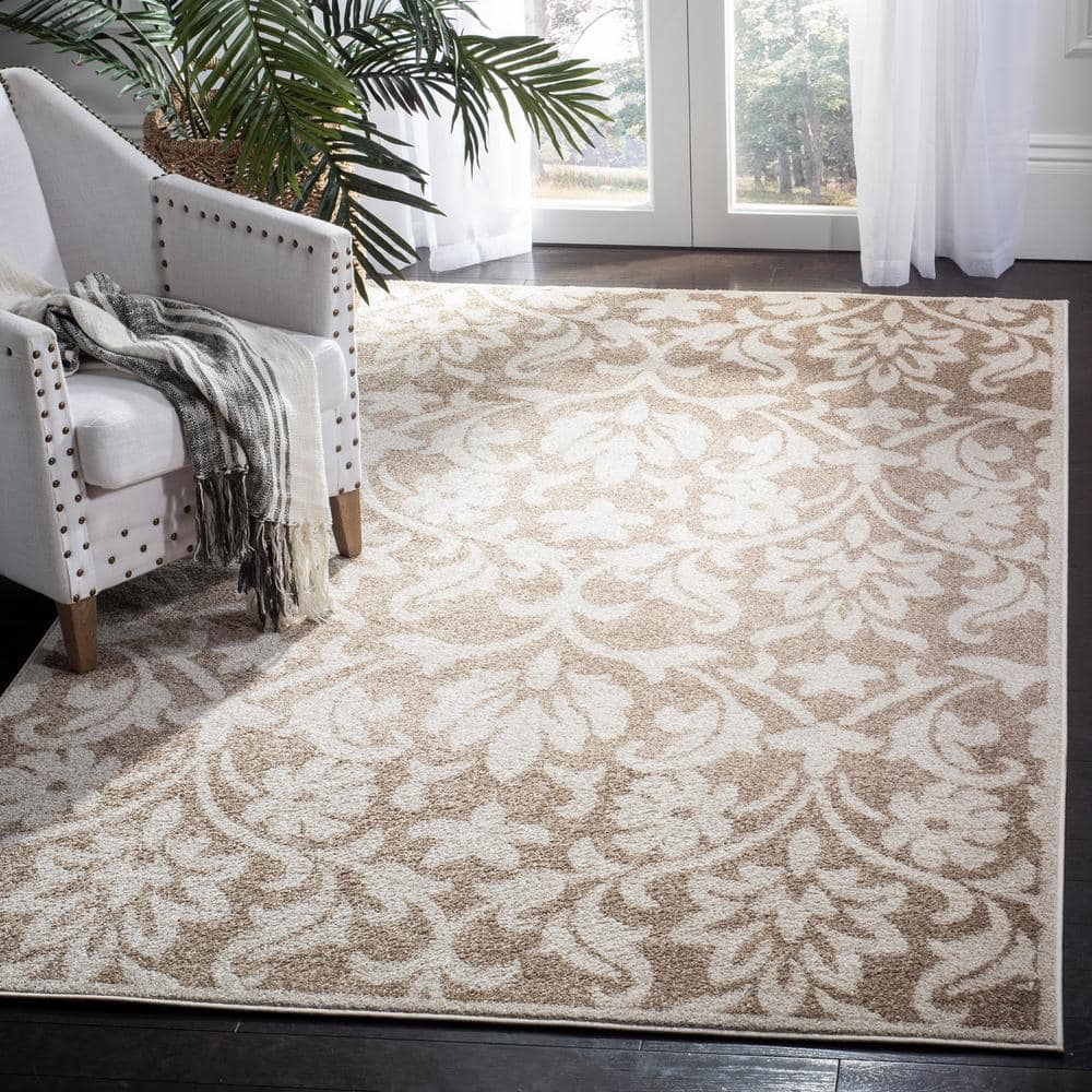 Wheat and Beige Floral Synthetic 9' x 12' Area Rug
