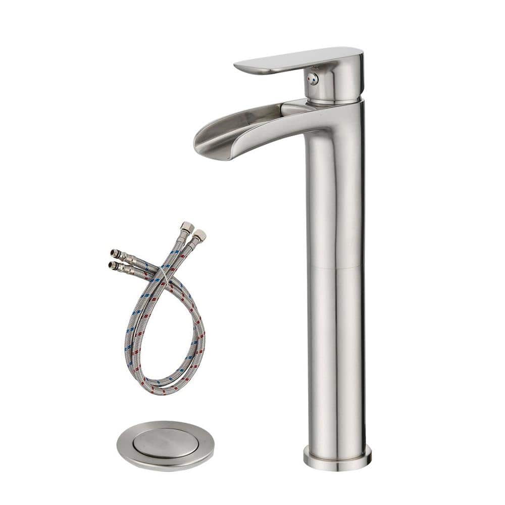 Brushed Nickel Tall Single Handle Bathroom Faucet with Waterfall Spout
