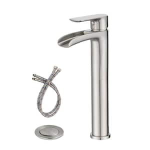 Single Handle Single Hole Bathroom Faucet with Drain Kit Included and Waterfall Spout in Brushed Nickel