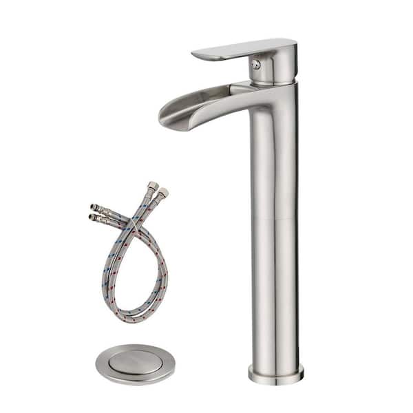 PROOX Single Handle Single Hole Bathroom Faucet with Drain Kit Included and Waterfall Spout in Brushed Nickel