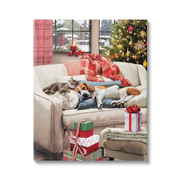 Stupell Industries Pets on Holiday Couch byJason Kirk 1 Piece Unframed Graphic Print Animal Poster Art Print 20 in. x 16 in.