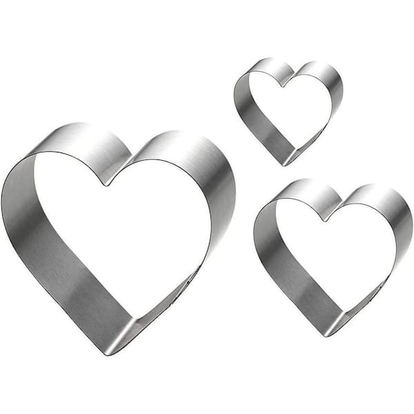 Heart Theme Stainless Steel Silver Finish Pancake Mold Set, 3 Piece Heart Cake Ring Cutter for Baking