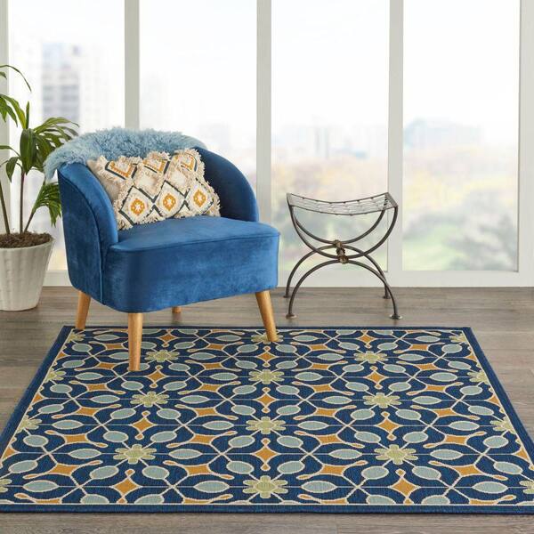 Caribbean Navy 5 ft. x 5 ft. Square Floral Contemporary Indoor/Outdoor Patio Area Rug