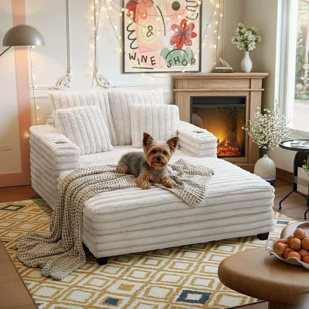 FUFU&GAGA Beige Faux Rabbit Fur Chaise Lounge with 2 Back Pillows, 2 ...