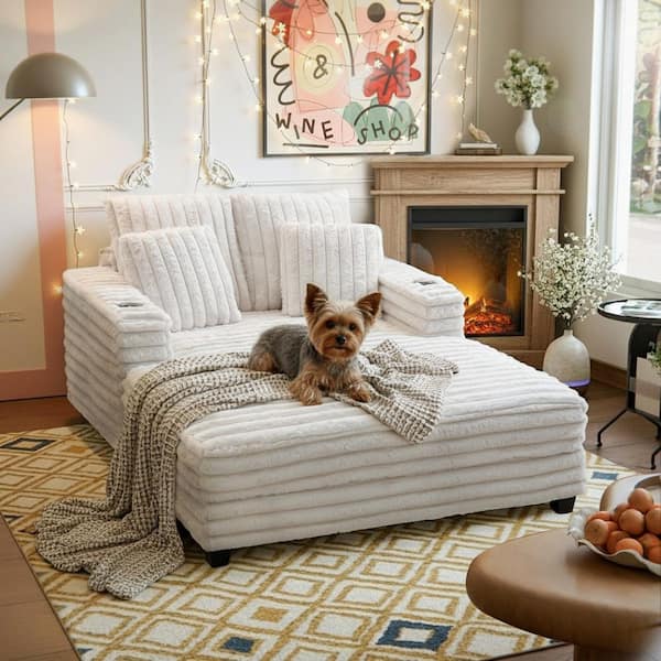 Beige Faux Rabbit Fur Chaise Lounge with 2 Back Pillows, 2 Throw Pillows, Dual Armrests with Cup Holders, and Metal Base