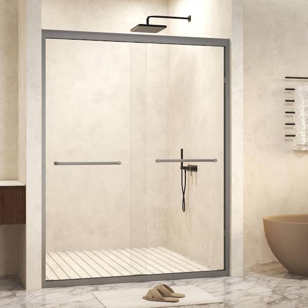 AZDHOME 56 in. - 60 in. W x 72 in. H Double Sliding Semi-Frameless Shower Door in Gray with Clear Glass