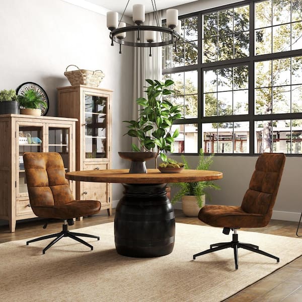 COT Adjustable Height Swivel Suede Dining Chair-Brown Faux Leather, Black Metal Legs, ((set of 2))