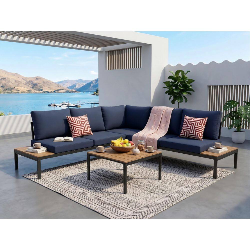 Sudzendf 4-Piece Metal and Wood Patio Conversation Set with Dark Blue ...