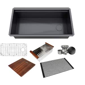 All-in-One Series Undermount Stainless Steel 36 in. Single Bowl Kitchen Sink in Galaxy Black Finish w/ Accessories