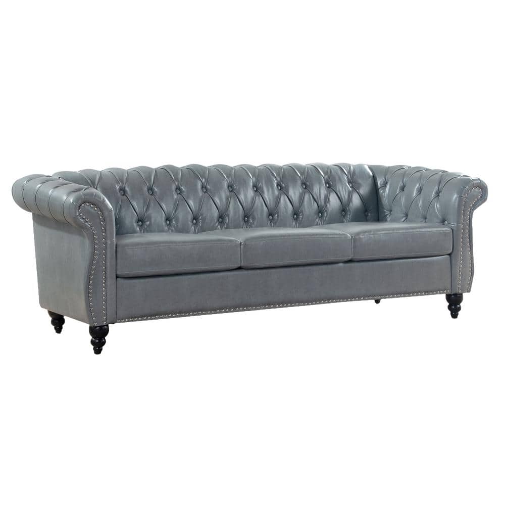 84 in. W Rolled Arm Chesterfield Polyester 3-Seater Straight Sofa with Removable Cushion in Gray