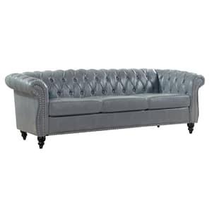 84 in. W Rolled Arm Chesterfield Polyester 3-Seater Straight Sofa with Removable Cushion in Gray