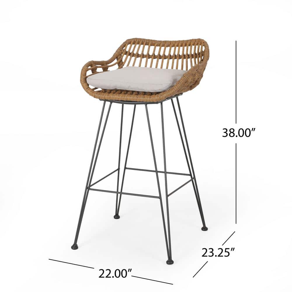 Minimalist Black Iron & Beige Cushioned Outdoor Bar Stools, Set of 2