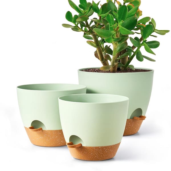 Unbranded Plant Pot 12/10/9 in., Green Plastic Self Watering for Indoor/Outdoor Plants with Drainage Hole, Flower Pots (3-Pack)