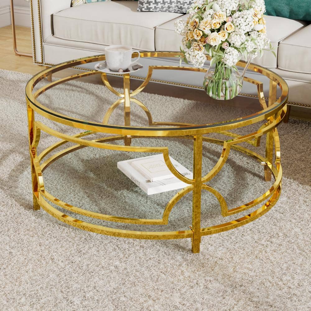 30.7 in. W Transparent and Gold Round Tempered Glass Coffee Table with Shelf price history on PriceWatchPro