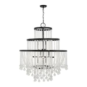 Luna 45 in. W x 54 in. H 15-Light Matte Black Tiered Chandelier with Cascading Crystals
