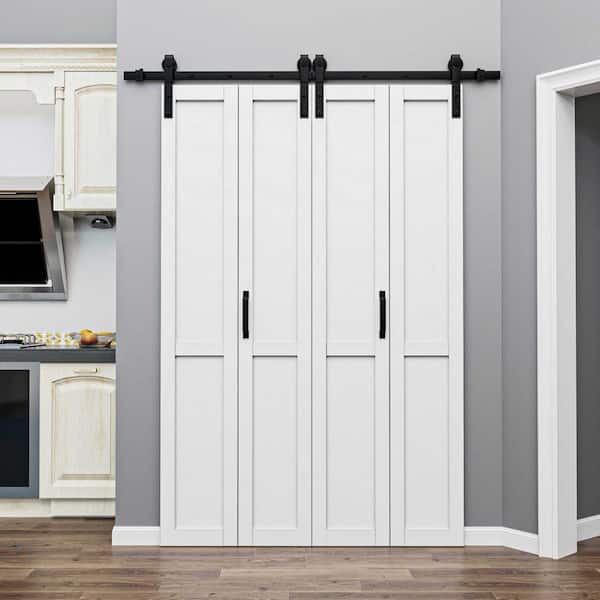 50 in. x 84 in. Solid Core White Primed MDF Wood Paneled H Design Bi-Fold Door Style Barn Door with Hardware