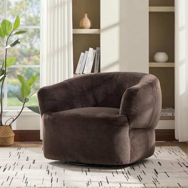 Winter Dark Brown Upholstered Plush Fabric Barrel Swivel Accent Arm Chair, 360° Swivel Base
