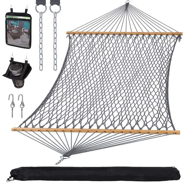Traditional Rope Double Hammock with Hardwood Spreader Bar and Carrying Bag, 450 lbs. Capacity, Grey