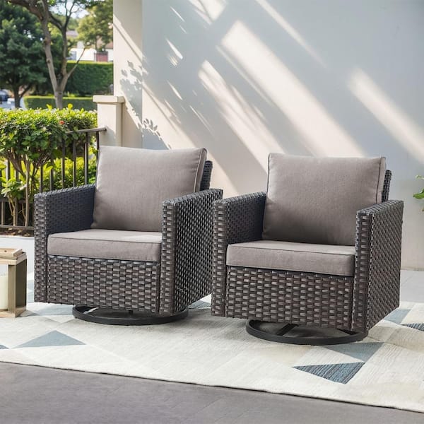 Gymojoy Valenta Brown Wicker Outdoor Rocking Chair with Gray Cushions