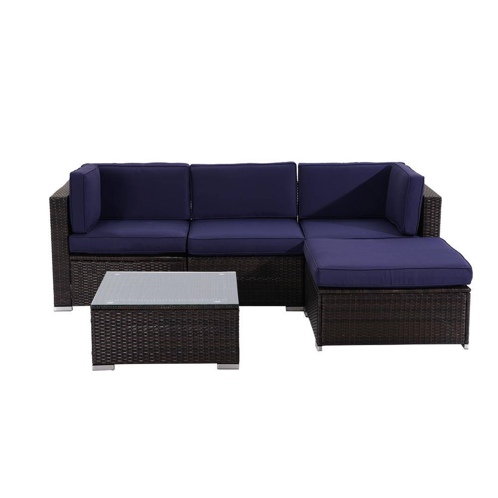 All-weather Brown 5-Piece Wicker Patio Conversation Set with Navy Blue Cush