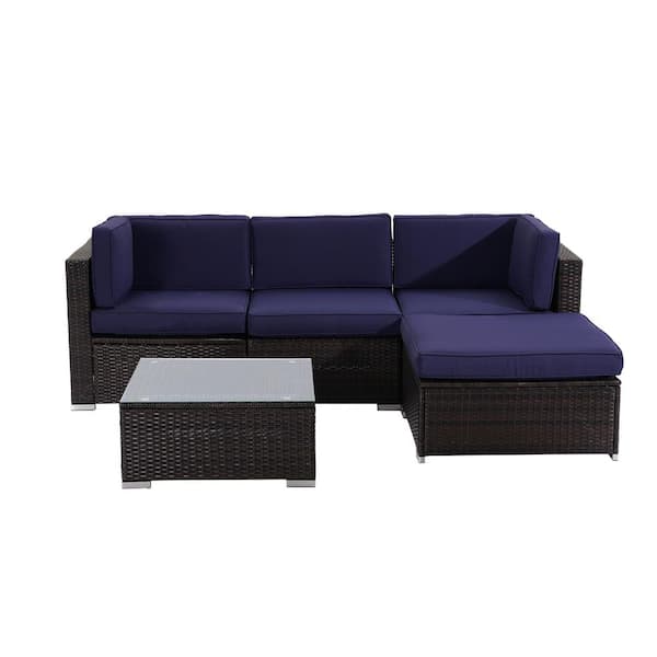 Unbranded All-weather Brown 5-Piece Wicker Patio Conversation Set with Navy Blue Cushions for Outdoor