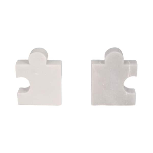Liv & Skye 5 in. 7 in. White Marble Puzzle Piece Marble Bookends (Set of 2)