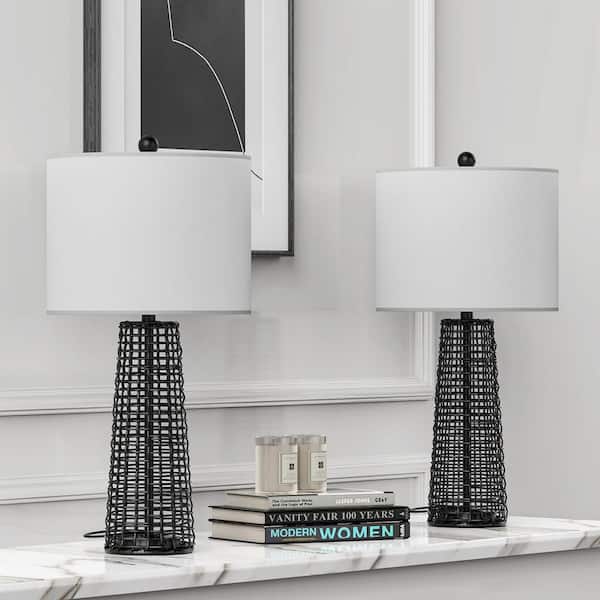 Maxax Heideman 26.5 in. Black Rattan Bedside Table Tamp with White Linen Lampshade (2-Pack）
