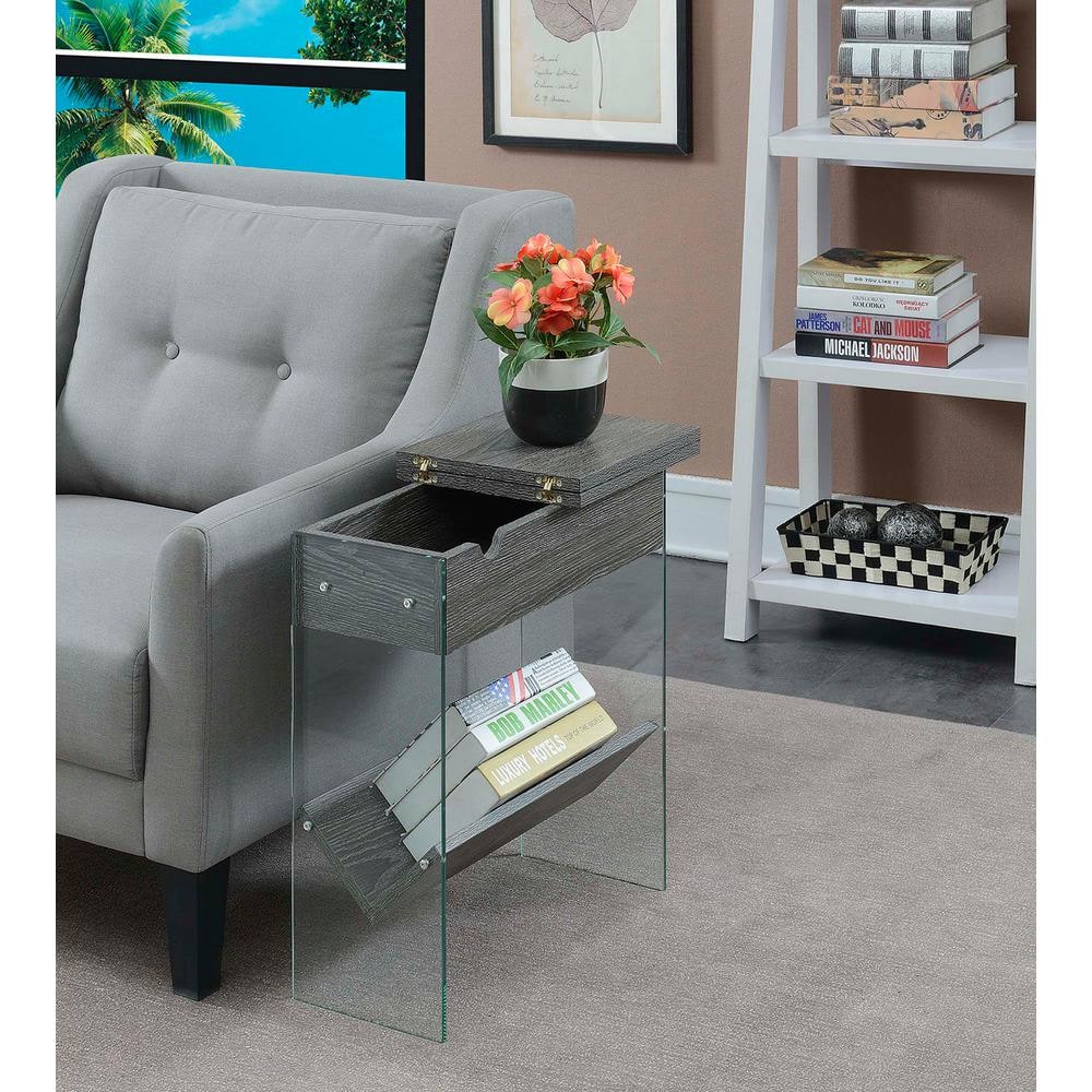 Weathered Gray Flip Top End Table with Charging Station and Glass Panels