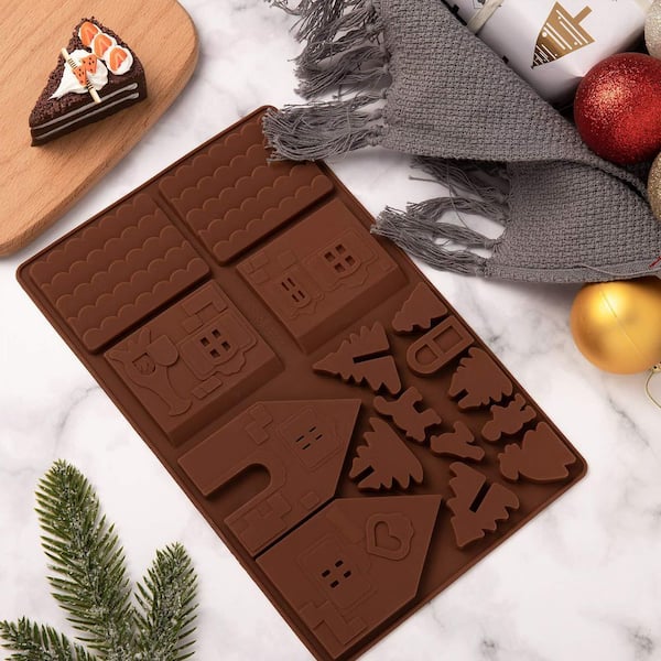 2-Piece Silicone Brown Christams Gingerbread House Baking Tray for Desserts, Chocolate, Candy, Cookies