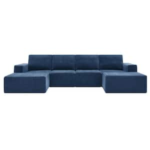 110 in. Square Arm Polyester U-Shaped Sofa, Sofa Bed in. Navy