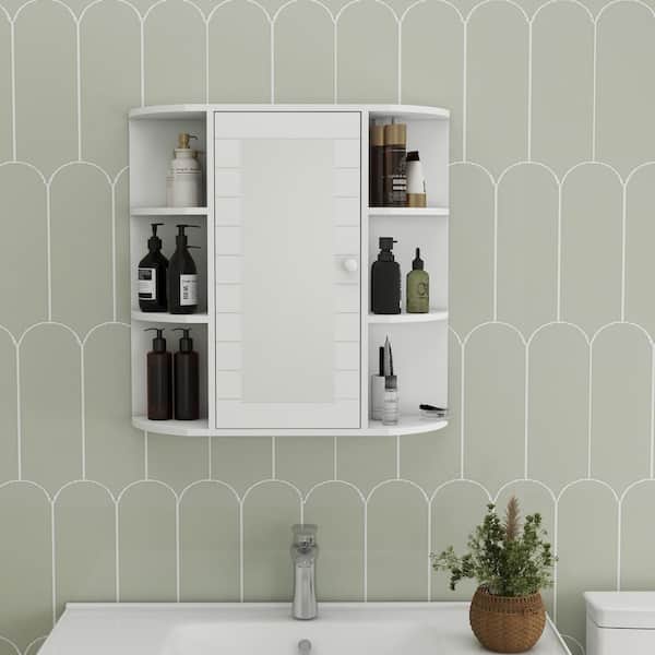 23 in. W x 7 in. D x 23 in. H Bathroom Storage Wall Cabinet with Mirror, 6-Shelves, 3-Open Adjustable Shelves in White