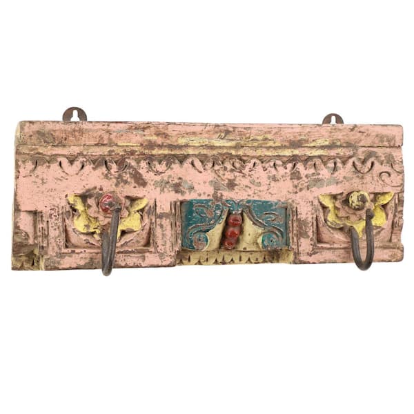 16.5 in. x 6 in. Reclaimed Wood Palace Molding Iron Hook Wall Rack with Hand-Carved Rosette Relief