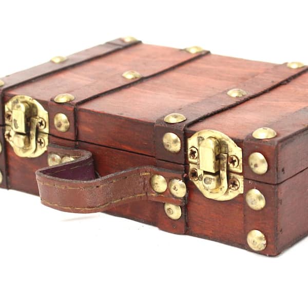 Vintiquewise Vintage Style Brown Leather Wooden Chest - 12-in x 6.5-in x 6.5-in - Decorative Storage Trunk