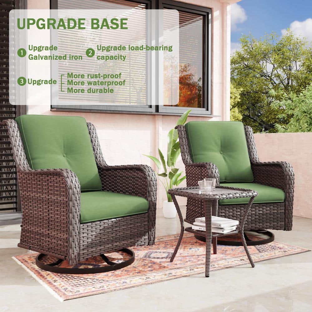Green Cushioned Wicker Swivel Rocking Chair Set with Table