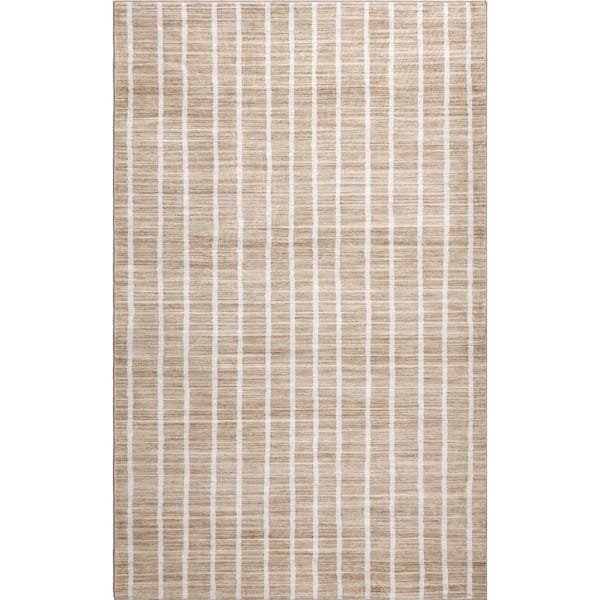 Orton Distressed Ticking Stripe Non-Slip Machine-Washable Beige/Cream 9 ft. x 12 ft. Area Rug