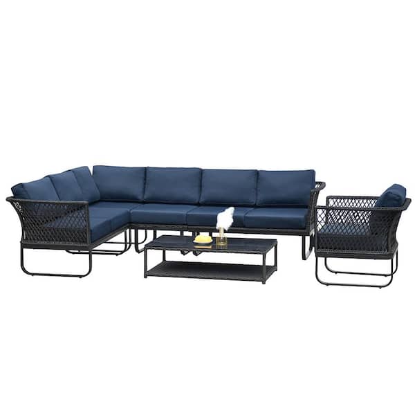 Zeus & Ruta 7-Piece Grey Hand-woven Rattan Metal Outdoor Conversation Set with Navy Blue Cushions for Backyard
