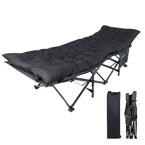 74.8 in. Portable Steel Outdoor Lounge Chair, Sleeping Cot with Removable Cotton Pad and Storage Bag in Black