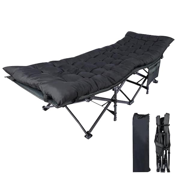 Otryad 74.8 in. Portable Steel Outdoor Lounge Chair, Sleeping Cot with Removable Cotton Pad and Storage Bag in Black