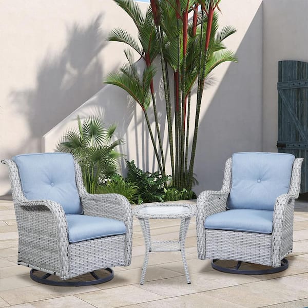 Gymojoy Carolina 3-Pcs Wicker Patio Conversation Set with Baby Blue Cushion