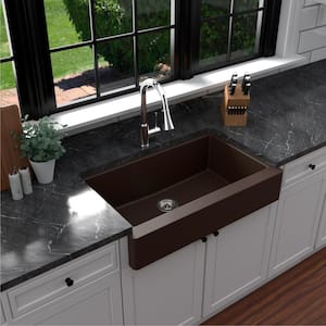 Retrofit Farmhouse/Apron-Front Quartz Composite 34 in. Single Bowl Kitchen Sink in Brown