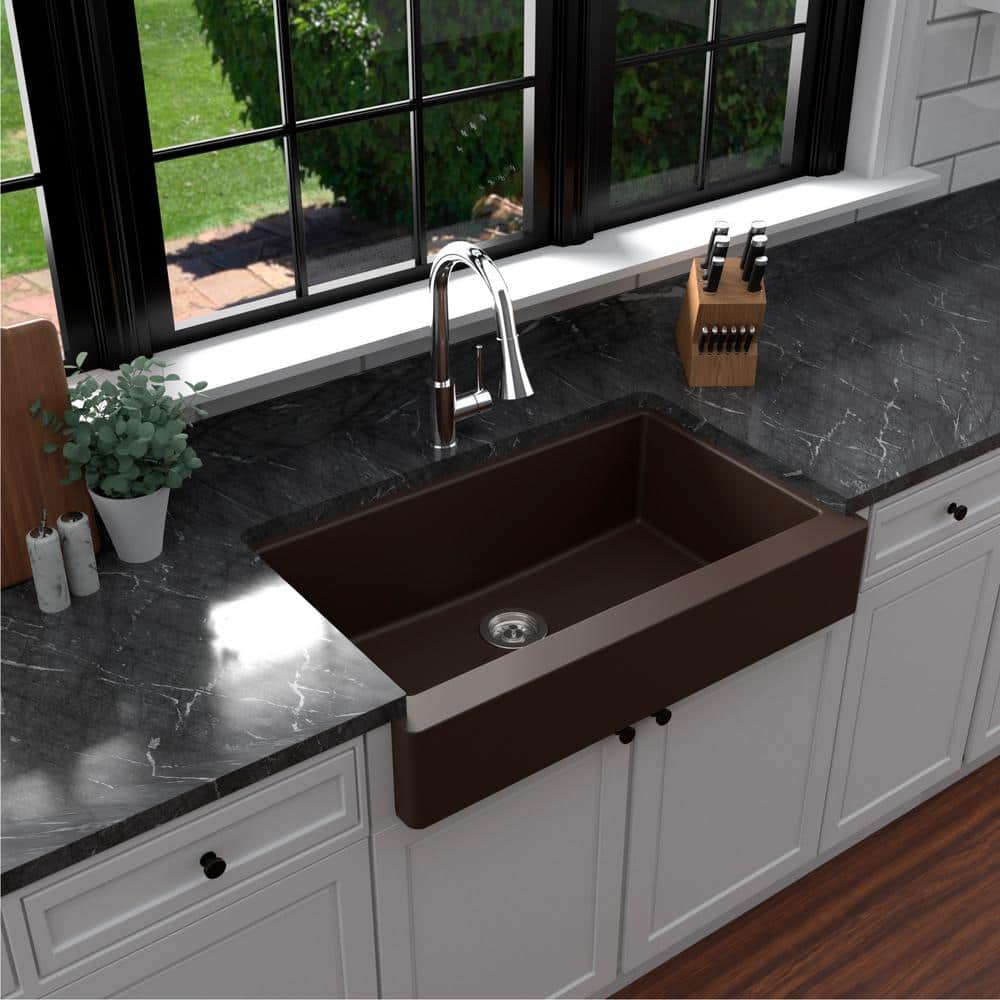 Karran Brown Quartz 34'' Single Bowl Farmhouse Kitchen Sink Kit