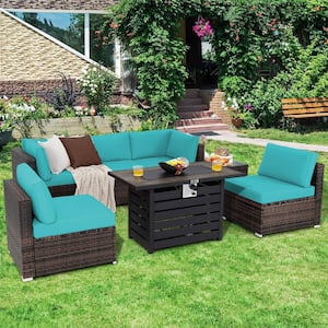 7-Pieces Patio Rattan Furniture Set 42 in. Fire Pit Table with Cover Cushioned Turquoise