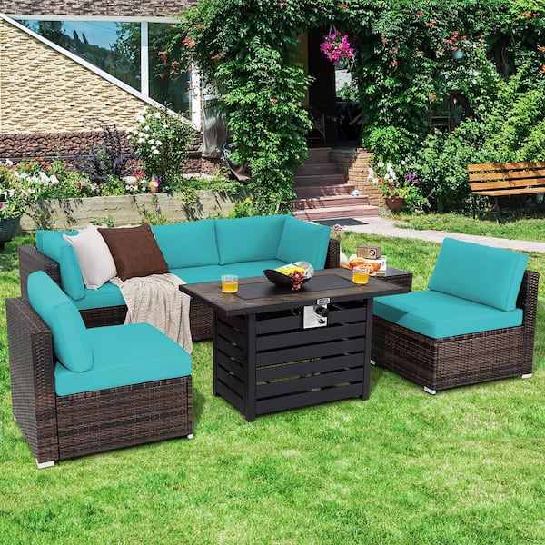 Gymax 7-Pieces Patio Rattan Furniture Set 42 in. Fire Pit Table with Cover Cushioned Turquoise