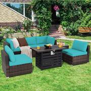 7-Pieces Patio Rattan Furniture Set 42 in. Fire Pit Table with Cover Cushioned Turquoise