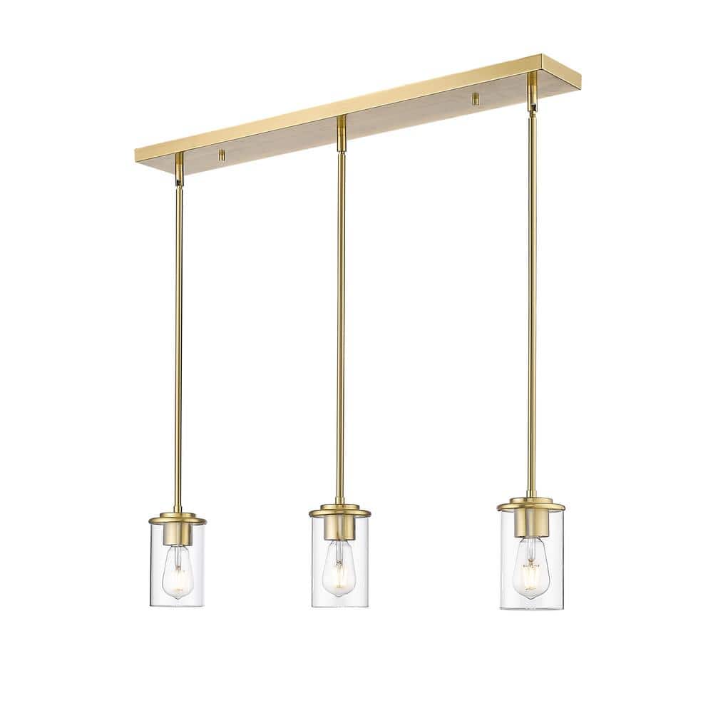 Thayer 34 in. 3-Light Luxe Gold Shaded Pendant Light with Clear Glass Shade